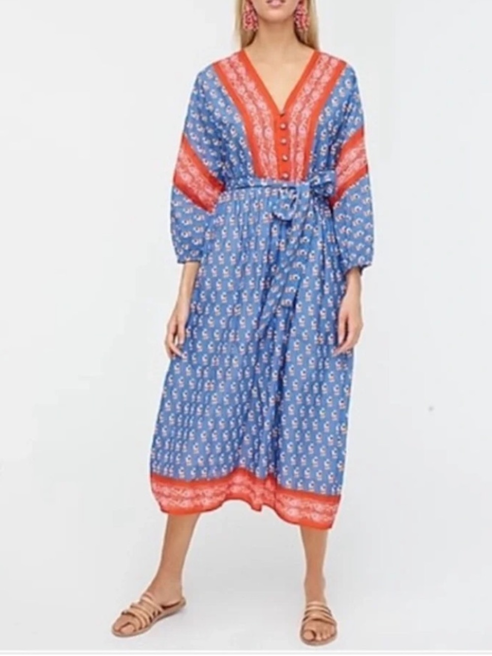 J. Crew Beachwear Floral Red Blue Block Print Midi Cotton Beach Dress Size M